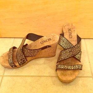Strappy jeweled studded black gold cork wedges